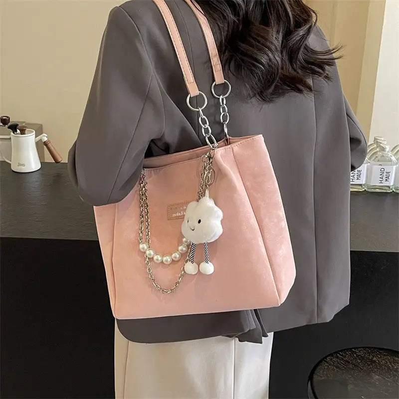 Medium PU Suitcase Style Square Bag with Internal Zipper and Hanging Piece - Pink With Pendant