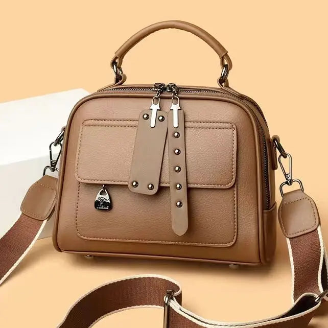 Medium Soft PU Handbag with Three Dimensional Pocket - Brown