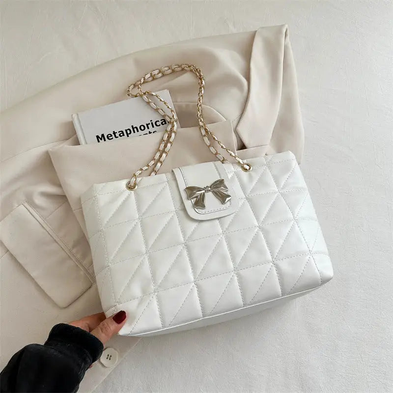 Medium Soft PU Shoulder Bag with Double Connector in Multiple Colors - White