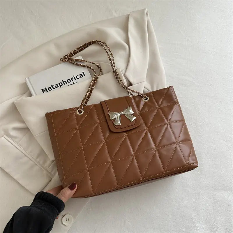 Medium Soft PU Shoulder Bag with Double Connector in Multiple Colors - Brown