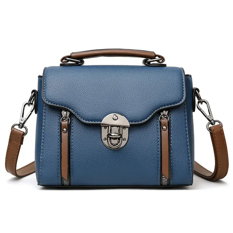 Medium Soft PU Shoulder Bag with Lock in Black Blue or Khaki - Blue