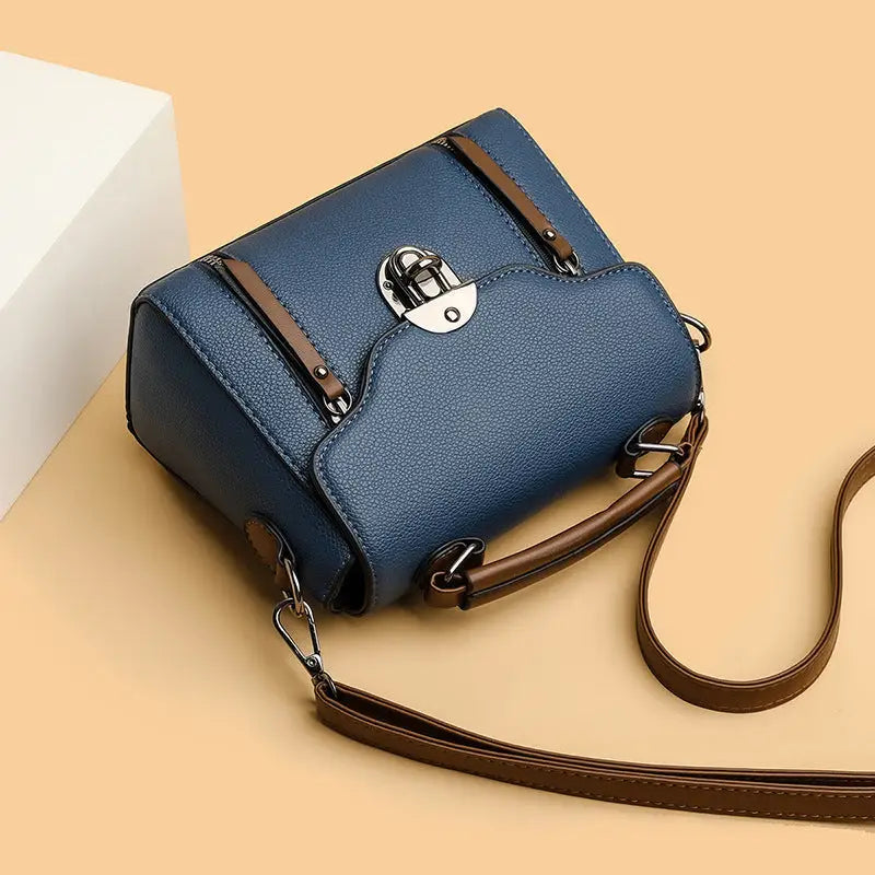 Medium Soft PU Shoulder Bag with Lock in Black Blue or Khaki