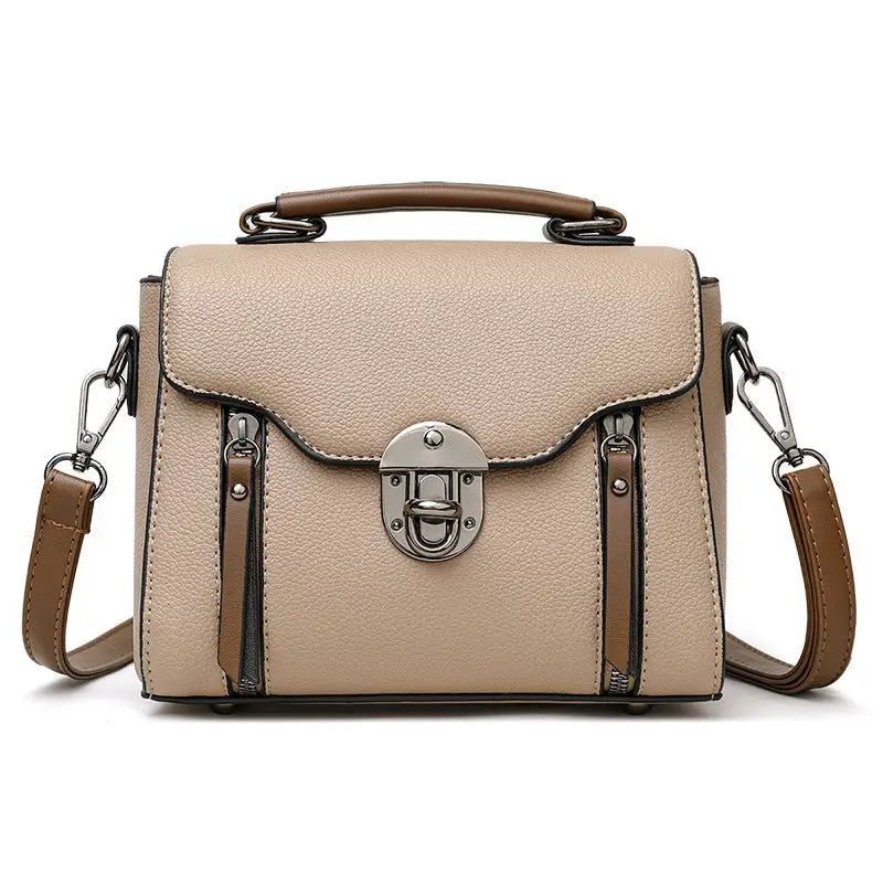 Medium Soft PU Shoulder Bag with Lock in Black Blue or Khaki - Khaki