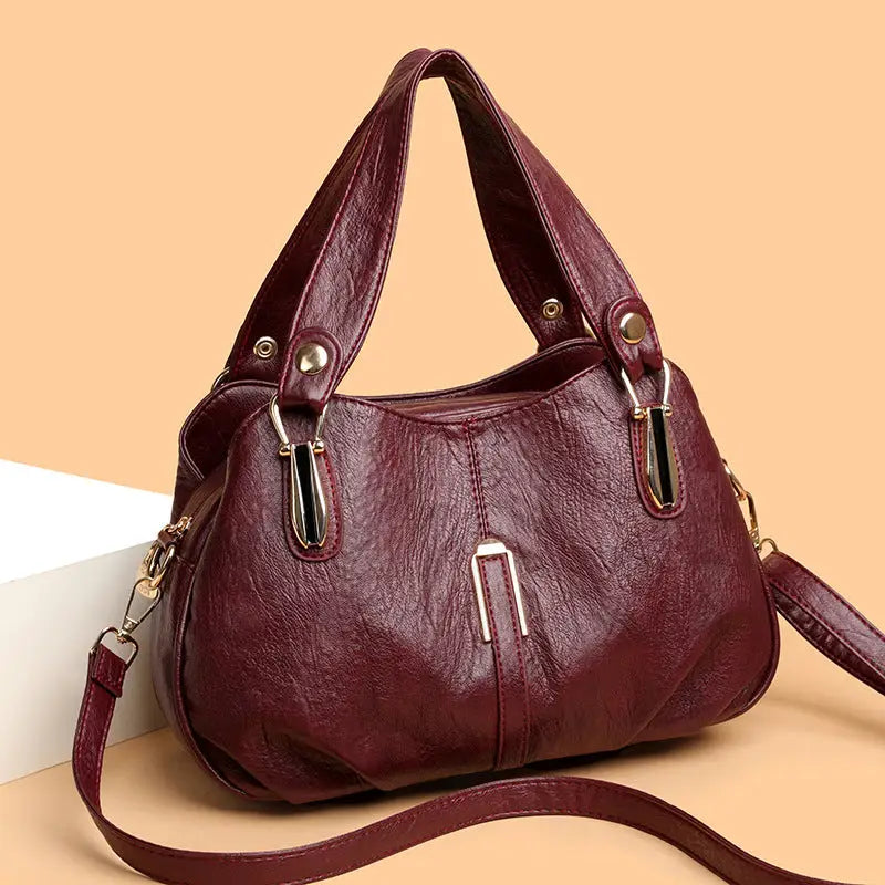 Medium Soft PU Shoulder Bag with Multiple Pockets in Black and Wine Red - Wine Red / Free Size