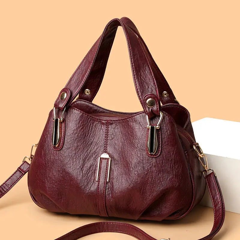 Medium Soft PU Shoulder Bag with Multiple Pockets in Black and Wine Red