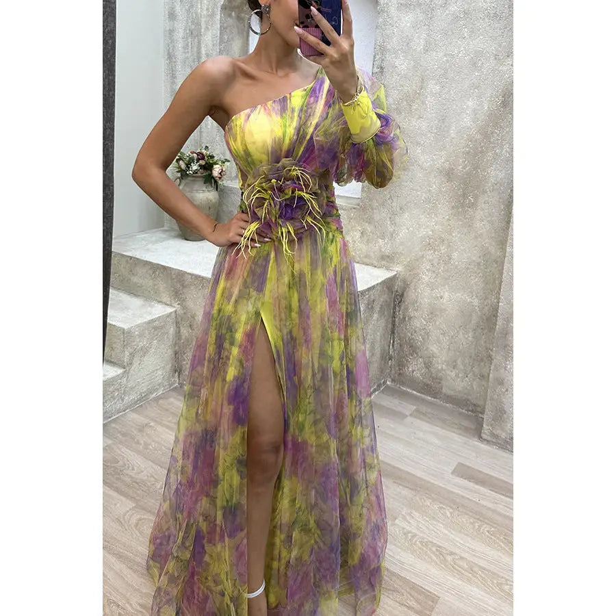 Mesh Slanted Shoulder Printed Long Dress for Women - Yellow / S - 4