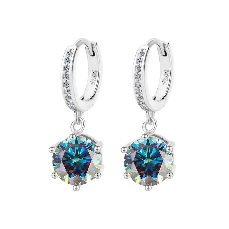 Moissanite Shine: Classic S925 Six-Claw Eardrops - White Gold Color Colorful Blue / 50 Points