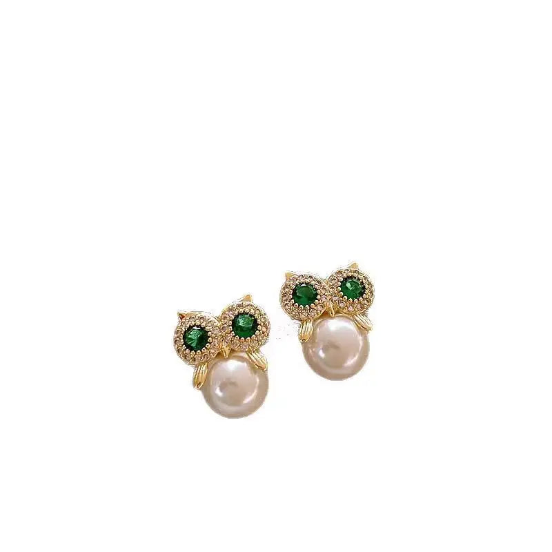 Moonlit Owl Zirconia Pearl Stud Earrings - As Main Image