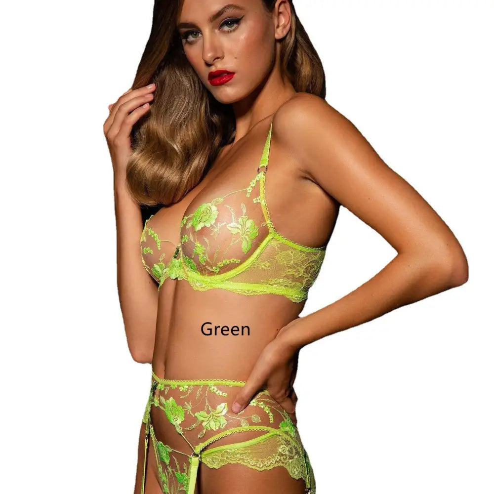 New Hot Sell Underwear Mesh Flower Perspective Suit - Green / S