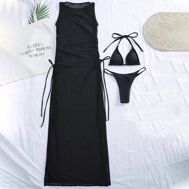 New Solid Color Sexy Split Swimsuit - Black / S