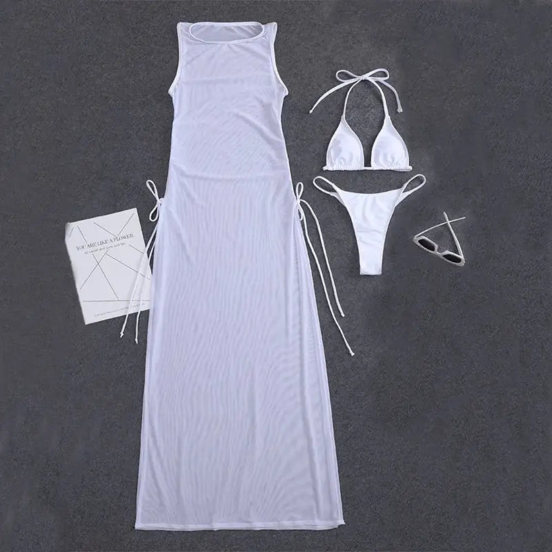 New Solid Color Sexy Split Swimsuit - White / S