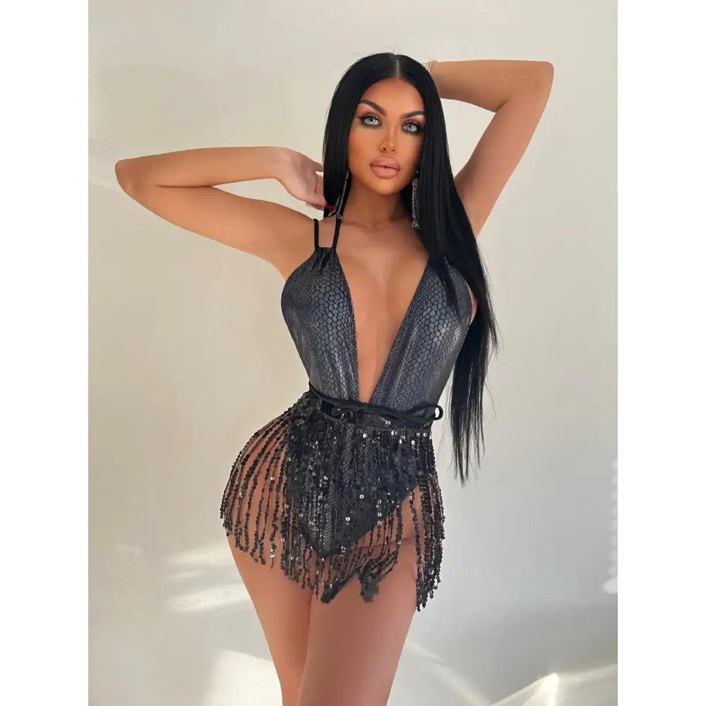 Nightclub Hot Girl Tassel One-piece Swimsuit - Black / S