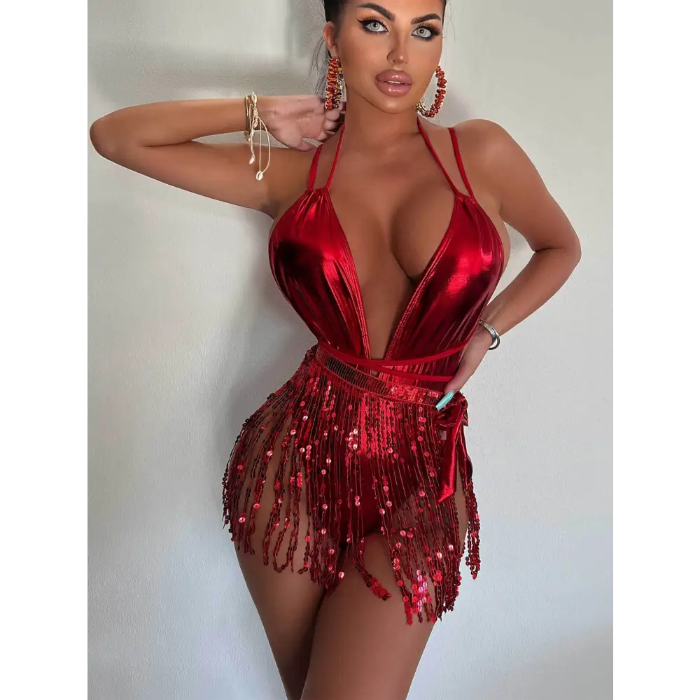 Nightclub Hot Girl Tassel One-piece Swimsuit - Red / S