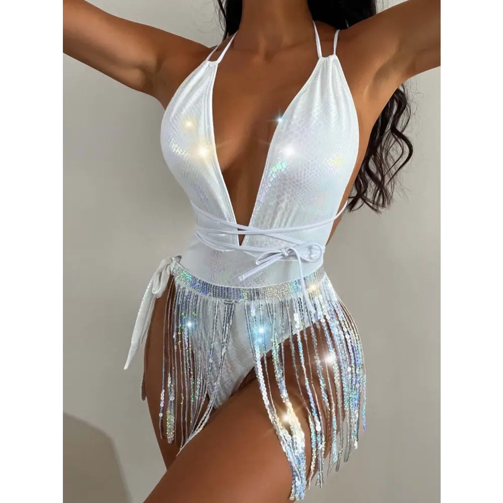 Nightclub Hot Girl Tassel One-piece Swimsuit - White / S