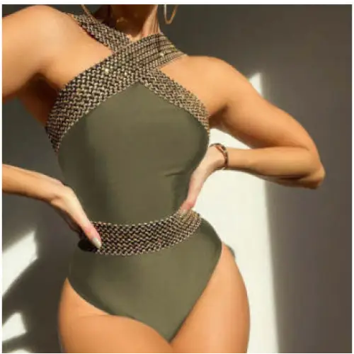 One Piece Swimsuit Solid Color Swimsuit Bikini - Green / L