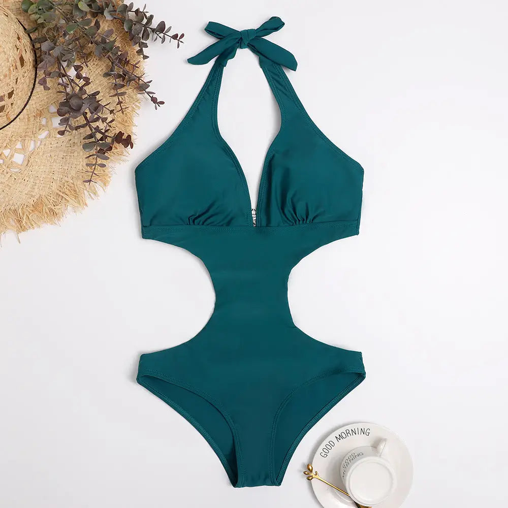 One Piece Triangle Show Waist Solid Color Swimsuit