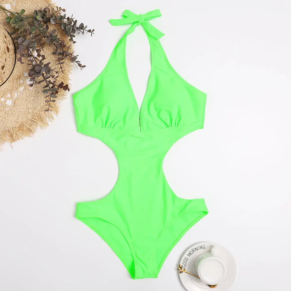 One Piece Triangle Show Waist Solid Color Swimsuit - Green / S
