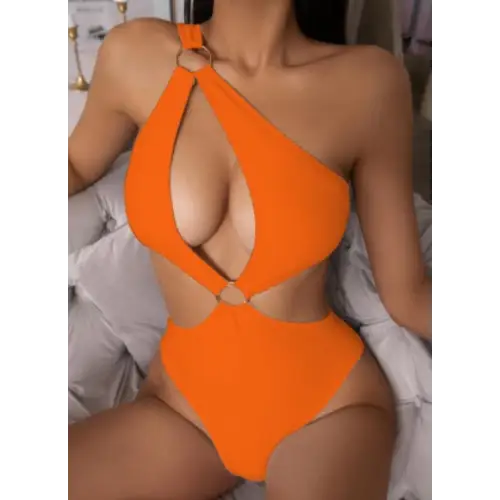 One Shoulder Bikini One Piece Swimsuit Solid Multicolor - Light orange / S