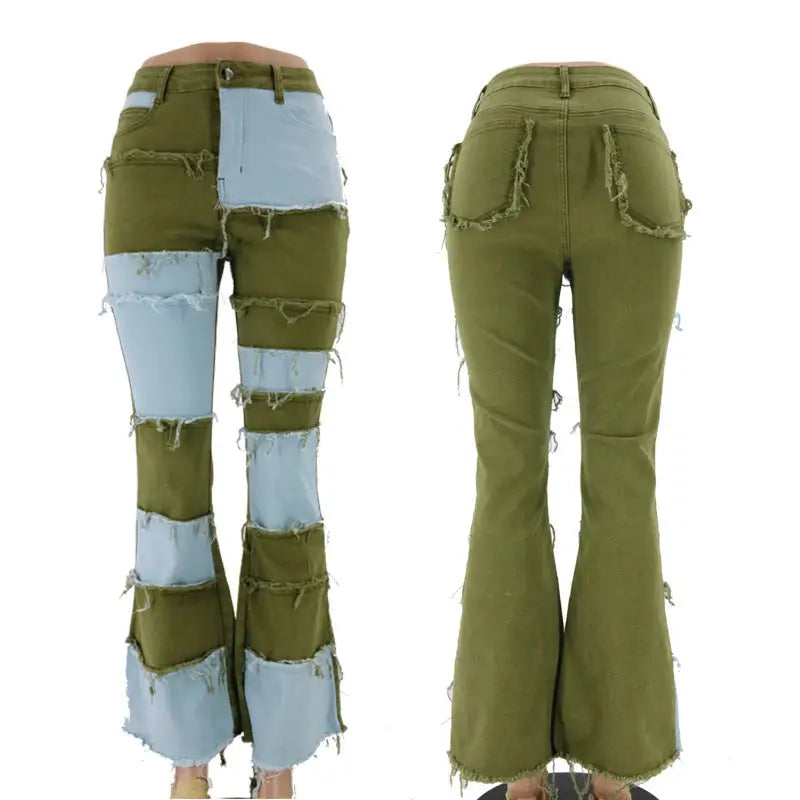 PatchFlare High-Rise Jeans: Artful Retro Vibes - Green / S