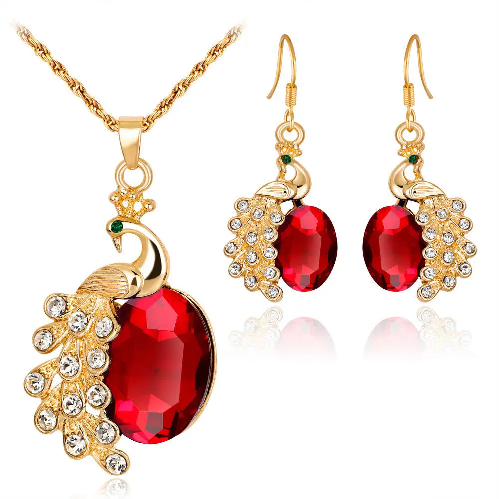 Peacock Sparkle Necklace Set - Red