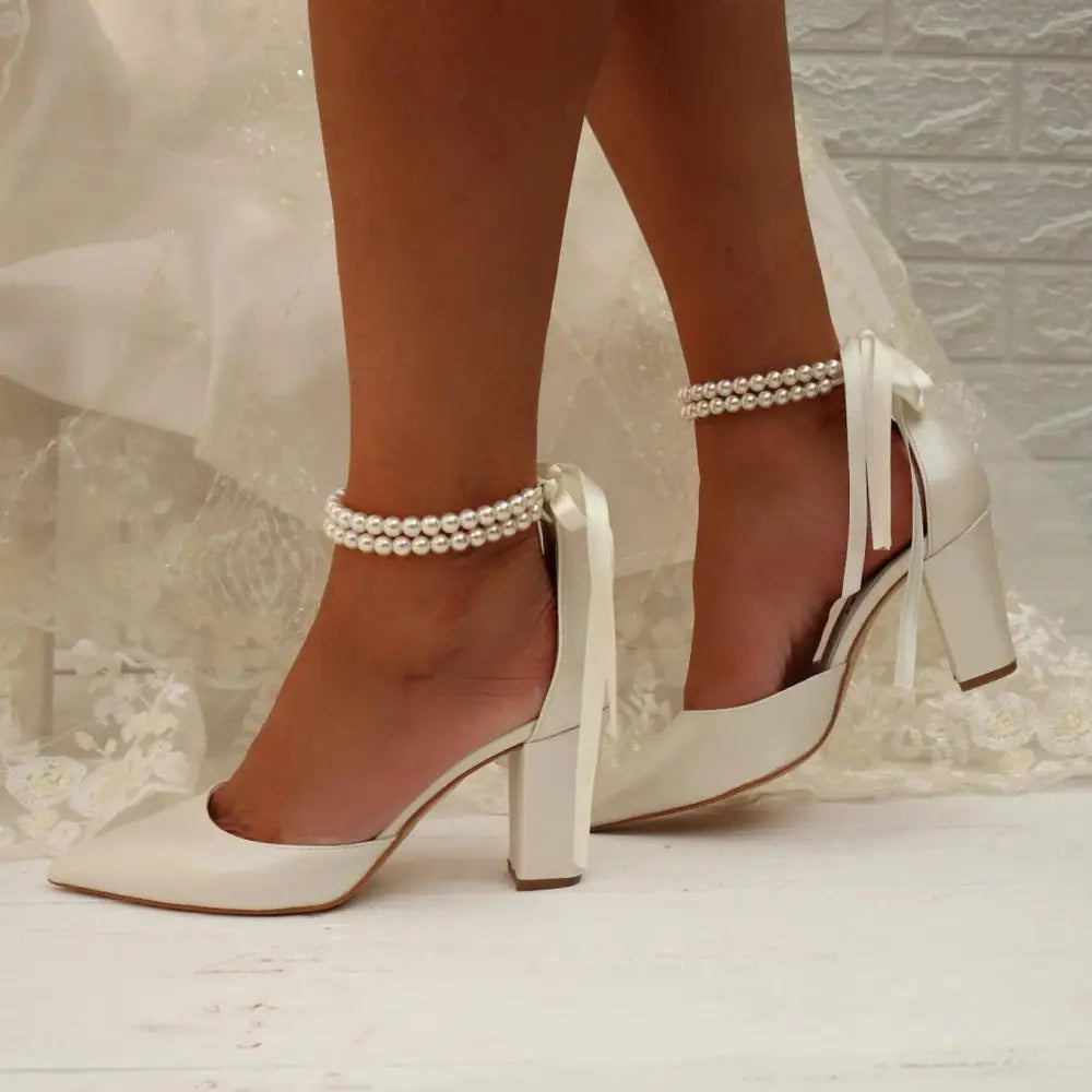 Pearl Ribbon Chunky Heels