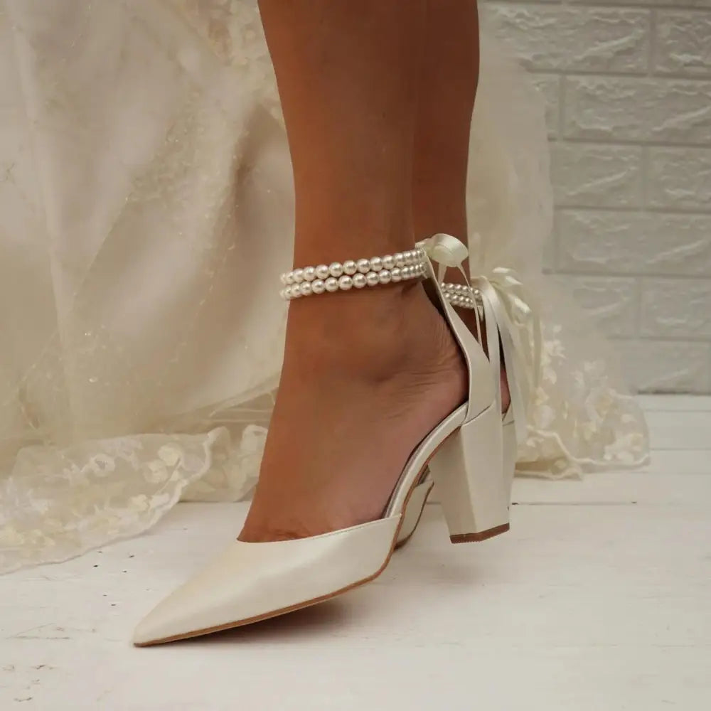 Pearl Ribbon Chunky Heels