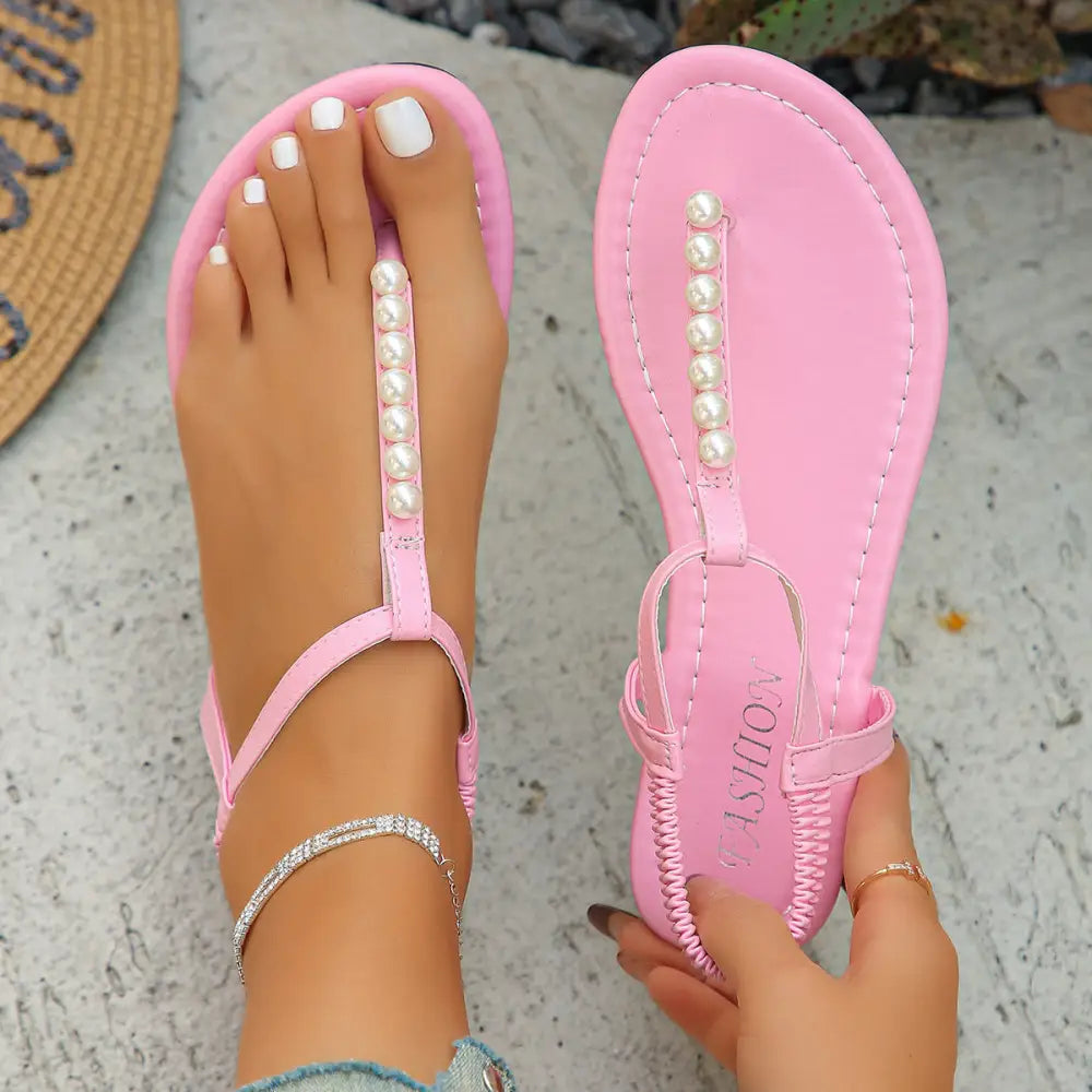 Pearl T-Strap Sandals - Pink / 35