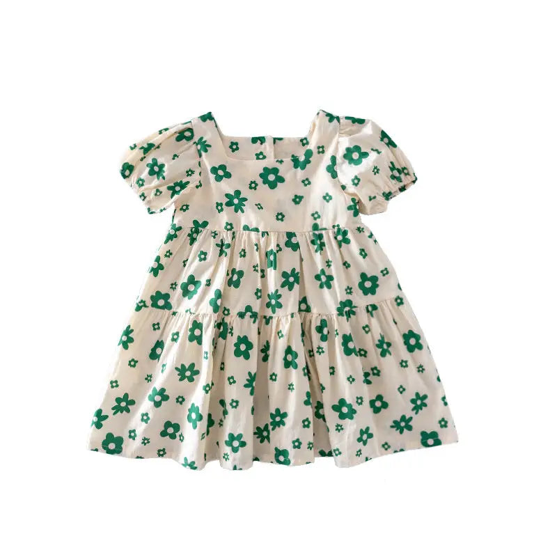 PetalPrincess: Cotton Floral Dress for Baby Girls - Green / 80cm