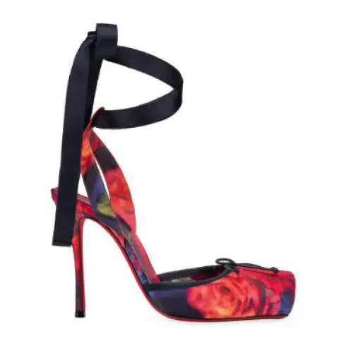 Pig Nose Bow Ballet Stiletto Heels - Elegance Redefined - Red Floral Red Background / 36