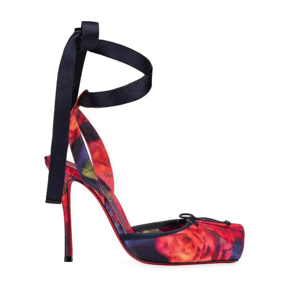 Pig Nose Bow Ballet Stiletto Heels - Elegance Redefined - Red Floral Black Bottom / 36
