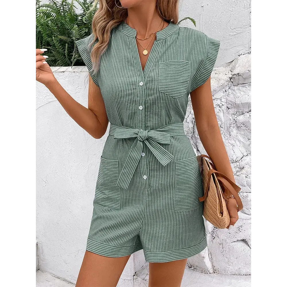Pinstripe Breezy Commute Jumpsuit - Short Sleeve - S / Green