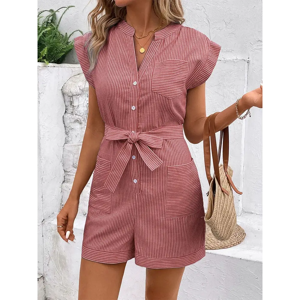 Pinstripe Breezy Commute Jumpsuit - Short Sleeve - S / Red