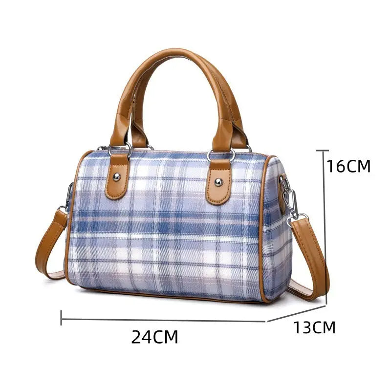 Plaid Canvas Cylindrical Suitcase with Three Dimensional Outer Pocket