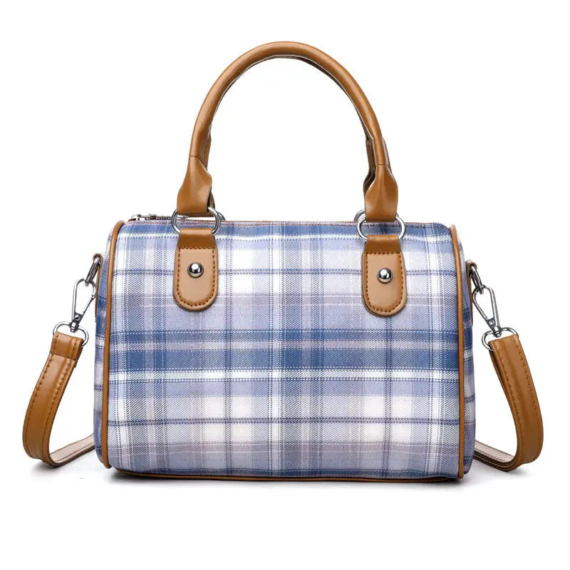 Plaid Canvas Cylindrical Suitcase with Three Dimensional Outer Pocket - Blue Plaid