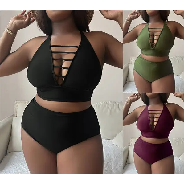 Plump Girls Plus Size Solid Color Hollow Cross Shoulder Strap Adjustable Halter Bikini
