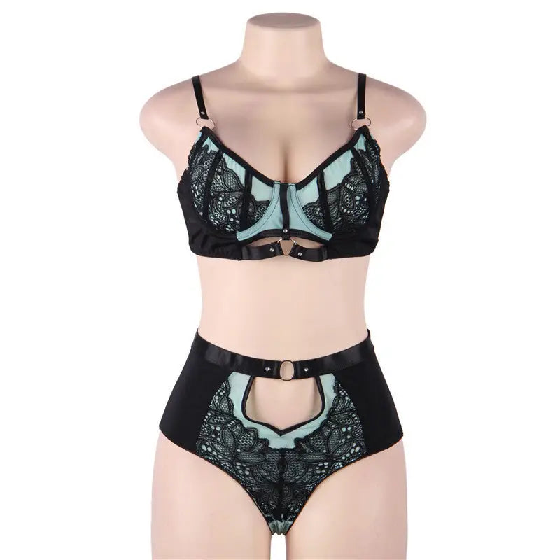 Plus Size Three Point High Waist See-through Underwear Set - Blue / M