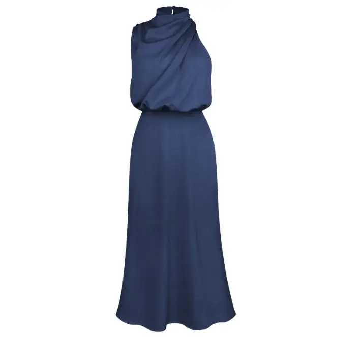 Polyester Fame Style Dress in Multiple Colors - Navy Blue / L