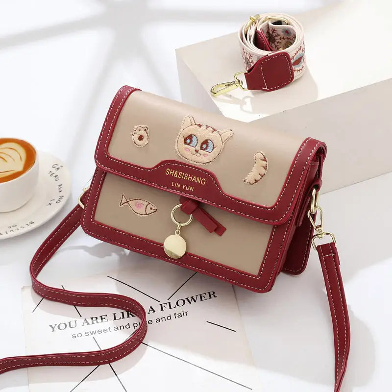 Polyester Lined Soft PU Crossbody Suitcase with Multiple Zipper Pockets - Wine Red