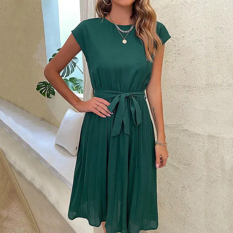 Polyester Mid Waist Leisure Dress in Multiple Colors - Blackish green / S
