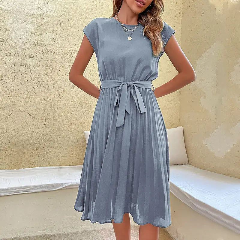 Polyester Mid Waist Leisure Dress in Multiple Colors - Light blue / S