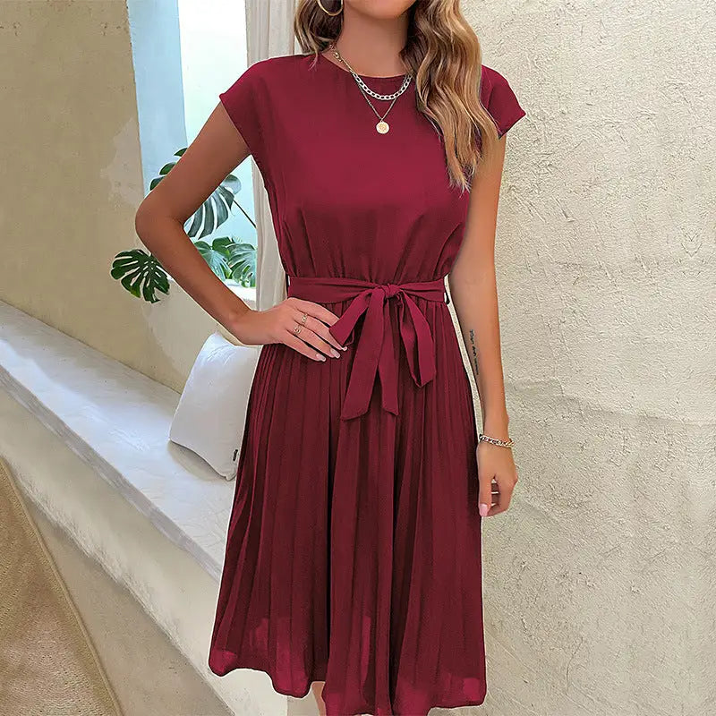 Polyester Mid Waist Leisure Dress in Multiple Colors - Wine Red / S