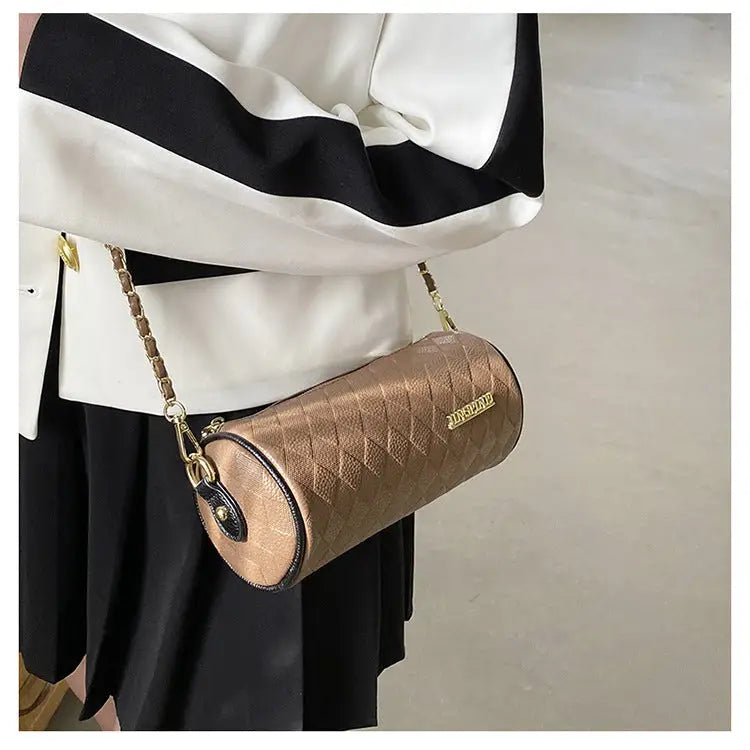 Polyester PU Cylindrical Suitcase Messenger Bag with Chain and Pockets