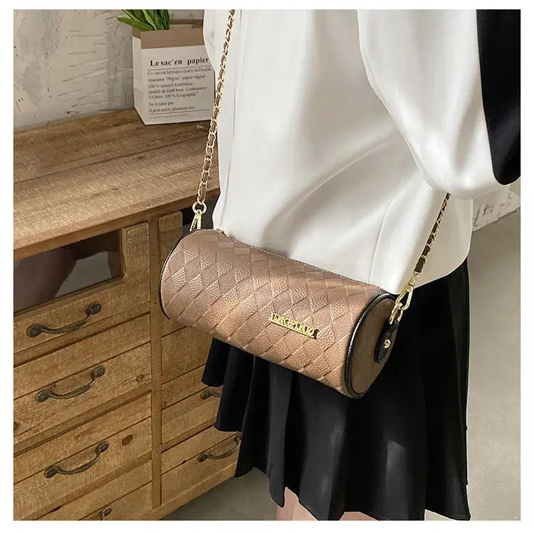 Polyester PU Cylindrical Suitcase Messenger Bag with Chain and Pockets