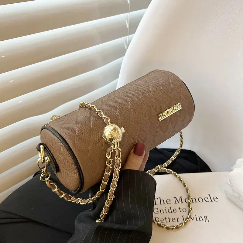 Polyester PU Cylindrical Suitcase Messenger Bag with Chain and Pockets