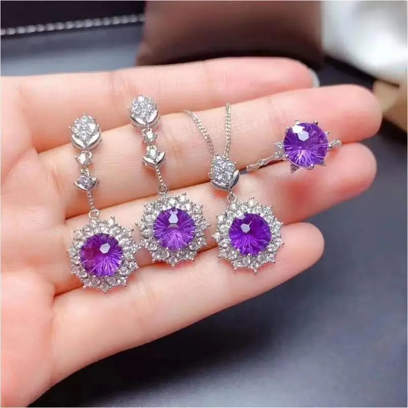 Pomegranate Elegance: Women’s Red Jewelry Set - Silver Purple Suit