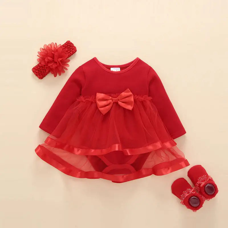 Princess Spring Fleece: Pure Cotton Baby Dress - Red / 12M