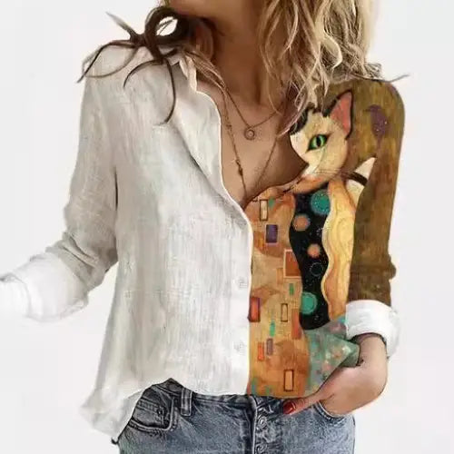 Cat-themed button-down shirt.