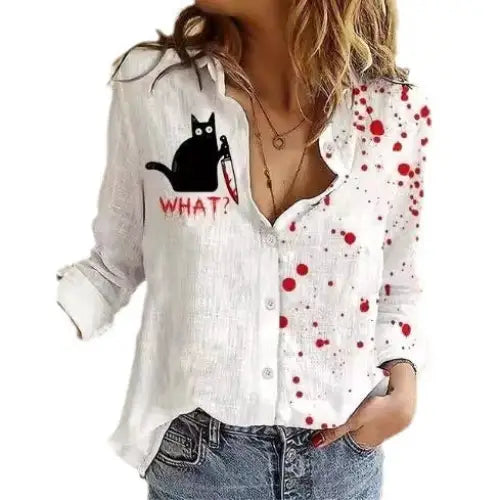 White button-down shirt with cat graphic and blood splatter.