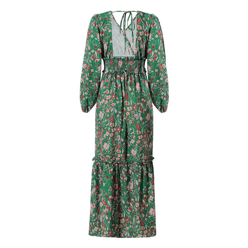 Printed Lantern V-Neck Dress - 4