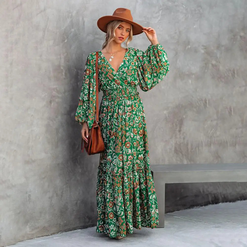 Printed Lantern V-Neck Dress - Green / M - 4